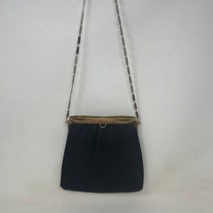Vintage HL USA Black Satin Evening Bag Gold Frame Chain Shoulder Clutch Bag